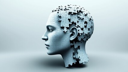 Surreal profile portrait, human head made of intricate puzzle pieces, monochromatic blue tones, fragmenting mind concept, digital art, hyperrealistic render, thought visualization, cognitive psycholog