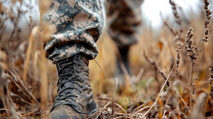 Obraz premium Close-up of Military Boots in a Dry Field