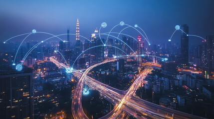 Obraz premium Smart digital Innovation city with connection network reciprocity over the cityscape. of future smart wireless city and social media networking systems that connects business people with in city