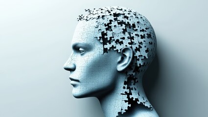 Surreal profile portrait, human head made of intricate puzzle pieces, monochromatic blue tones, fragmenting mind concept, digital art, hyperrealistic render, thought visualization, cognitive psycholog
