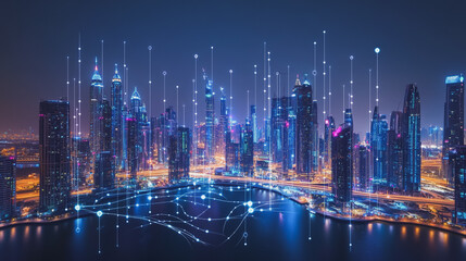 Obraz premium Smart digital Innovation city with connection network reciprocity over the cityscape. of future smart wireless city and social media networking systems that connects business people with in city