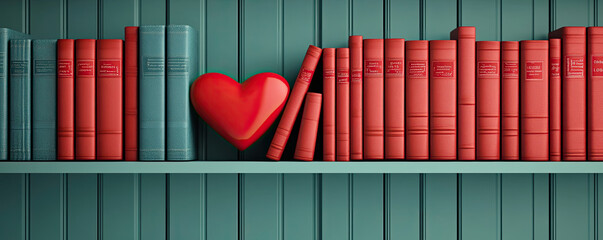 A colorful bookshelf with red books and a heart-shaped decoration, symbolizing love for reading and knowledge.