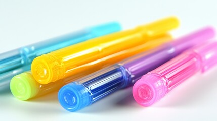 Colorful pens close-up on white background.