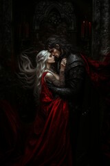 Couple embraces in an intimate moment amidst a dark, mystical setting