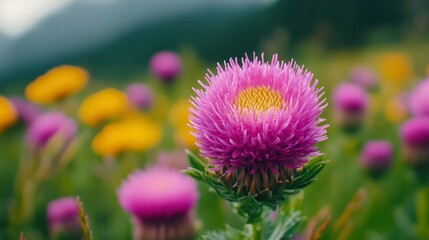 Vibrant Pink Thistle Blooming in a Wildflower Meadow