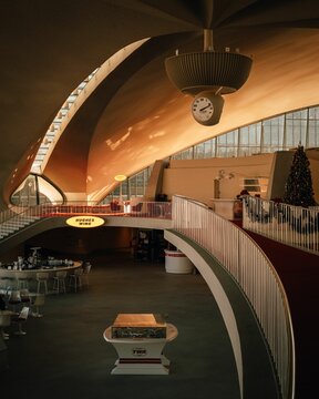 Mid-century modern interior of the TWA Hotel at JFK Airport, Queens, New York