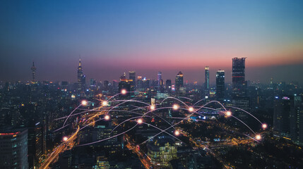 Smart digital Innovation city with connection network reciprocity over the cityscape. of future smart wireless city and social media networking systems that connects business people with in city