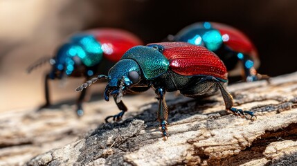 Naklejka premium Vibrant Jewel Beetles on Weathered Wood
