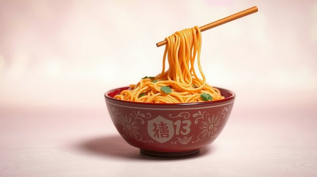 Bowl of noodles with chopsticks, symbolizing prosperity, ideal for New Year celebrations