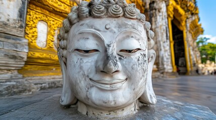 Fototapeta premium Serene Buddha Head Sculpture at a Golden Temple