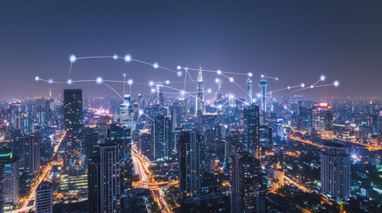 Smart digital Innovation city with connection network reciprocity over the cityscape. of future smart wireless city and social media networking systems that connects business people with in city