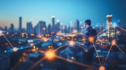 Obraz premium Smart digital Innovation city with connection network reciprocity over the cityscape. of future smart wireless city and social media networking systems that connects business people with in city