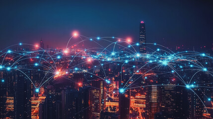 Obraz premium Smart digital Innovation city with connection network reciprocity over the cityscape. of future smart wireless city and social media networking systems that connects business people with in city