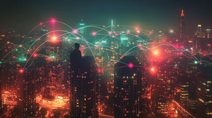 Obraz premium Smart digital Innovation city with connection network reciprocity over the cityscape. of future smart wireless city and social media networking systems that connects business people with in city