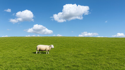 Fototapeta premium First Day of Spring concept. sheep grazes peacefully in lush green field under bright blue sky