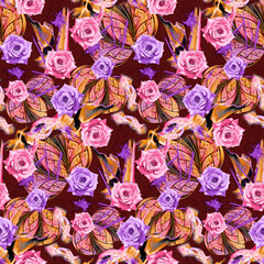 Naklejka premium watercolor digital rose flower pattern on textures background