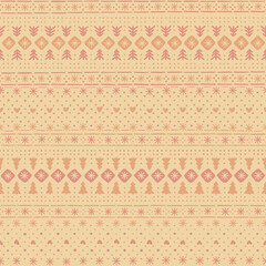 winter repetitive background. warm colors. hand drawn dots, fir-trees, hearts, snowflakes. christmas ornament. vector seamless pattern. fabric swatch. wrapping paper. textile, greeting card template
