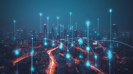 Smart digital Innovation city with connection network reciprocity over the cityscape. of future smart wireless city and social media networking systems that connects business people with in city
