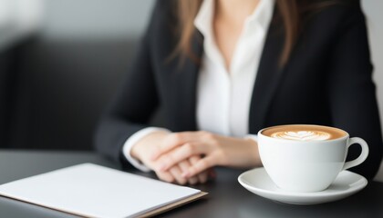 Businesswoman typing on laptop at sleek desk with coffee modern office focused environment