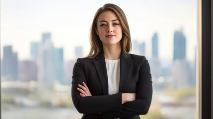 Fototapeta premium Businesswoman confidently posing against urban skyline corporate environment professional view