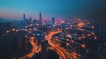 Fototapeta premium Smart digital Innovation city with connection network reciprocity over the cityscape. of future smart wireless city and social media networking systems that connects business people with in city