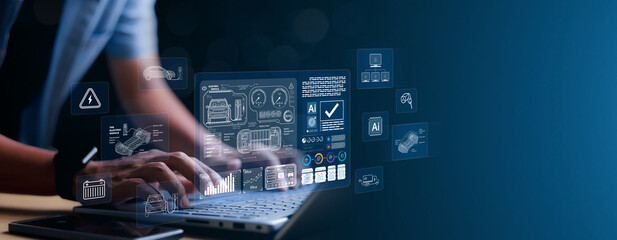 Industrial Engineer and AI, Artificial Intelligence concept, Manager Technical Industrial Engineer people and control robotics with monitoring system software and icon industry, Car EV technology