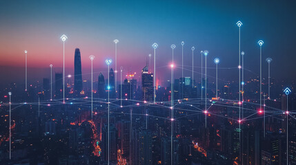 Fototapeta premium Smart digital Innovation city with connection network reciprocity over the cityscape. of future smart wireless city and social media networking systems that connects business people with in city