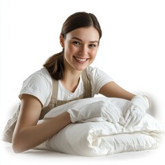 house wife Smiling as she fluffs pillows