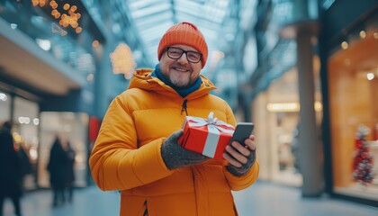 Cheerful holiday shopper using smartphone for gift ideas shopping mall lifestyle indoor joy