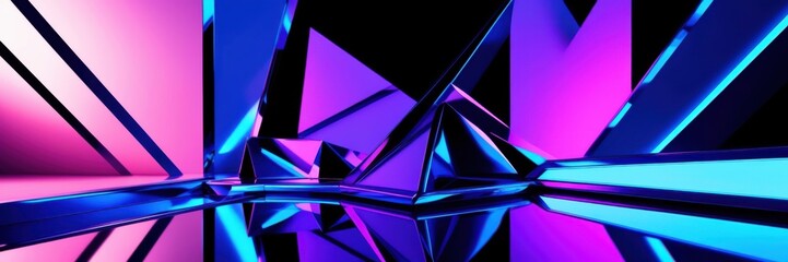 Neon geometric shapes, abstract triangles, vibrant blue and purple, futuristic landscape, glossy surfaces, sharp edges, 3D render, synthwave aesthetics, dynamic composition, high contrast, ultraviolet