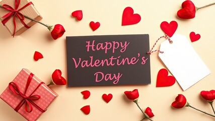 "Happy Valentine's Day" Valentines day greeting card background with gift, red hearts, empty tag on beige background. Top view, flat lay, copy space. Valentine's Day celebration, love and romance. Lov