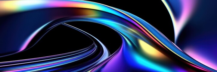 Abstract light trails, vibrant neon colors, glossy curved surfaces, dynamic motion blur, futuristic technology aesthetic, sleek metallic reflections, high contrast, black background, ultrawide panoram