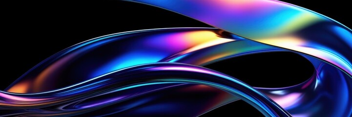 Fototapeta premium Abstract light trails, vibrant neon colors, glossy curved surfaces, dynamic motion blur, futuristic technology aesthetic, sleek metallic reflections, high contrast, black background, ultrawide panoram
