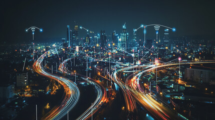 Fototapeta premium Smart digital Innovation city with connection network reciprocity over the cityscape. of future smart wireless city and social media networking systems that connects business people with in city