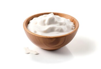 Greek yogurt in wooden bowl isolated on white background