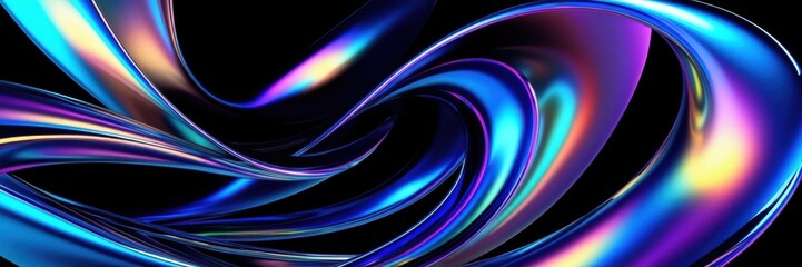 Abstract light trails, vibrant neon colors, glossy curved surfaces, dynamic motion blur, futuristic technology aesthetic, sleek metallic reflections, high contrast, black background, ultrawide panoram