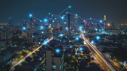 Fototapeta premium Smart digital Innovation city with connection network reciprocity over the cityscape. of future smart wireless city and social media networking systems that connects business people with in city