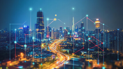 Fototapeta premium Smart digital Innovation city with connection network reciprocity over the cityscape. of future smart wireless city and social media networking systems that connects business people with in city