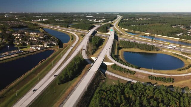 Florida 9B and I-95 Interchange Rotating Aerial Drone Shot of Highway and Traffic