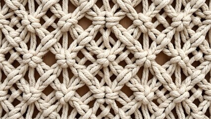 Close-up of hand made macrame texture pattern. ECO friendly modern knitting DIY natural decoration concept. Flat lay.