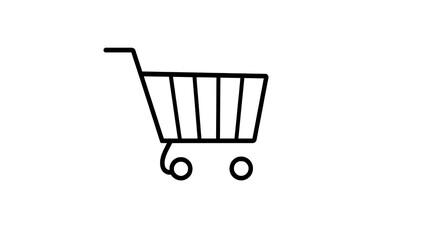 A simple shopping cart icon in black outline, representing e-commerce, on a white background.
