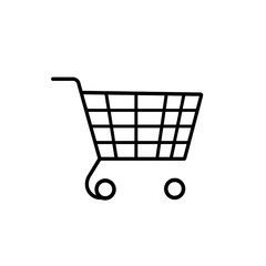 A simple shopping cart icon in black outline, representing e-commerce, on a white background.
