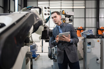 Fototapeta premium Business or engineer Caucasian male use tablet computer checking robot arm