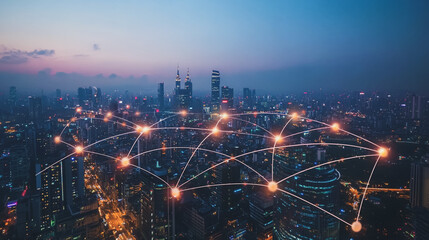 Smart digital Innovation city with connection network reciprocity over the cityscape. of future smart wireless city and social media networking systems that connects business people with in city