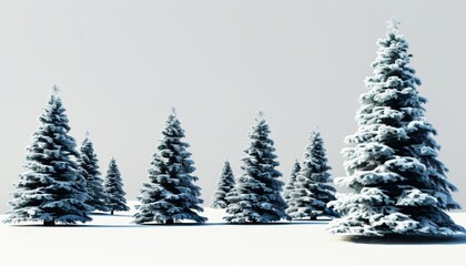 Fototapeta premium Snowy Christmas Trees in a Serene Winter Landscape Set Against a Soft Gray Background