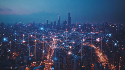 Fototapeta premium Smart digital Innovation city with connection network reciprocity over the cityscape. of future smart wireless city and social media networking systems that connects business people with in city