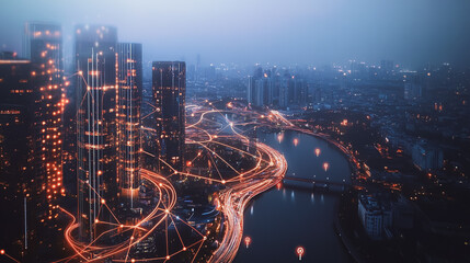 Obraz premium Smart digital Innovation city with connection network reciprocity over the cityscape. of future smart wireless city and social media networking systems that connects business people with in city