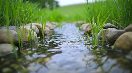 Serene Stream Tranquil Water Flowing Through Lush Green Grass and Smooth Stones