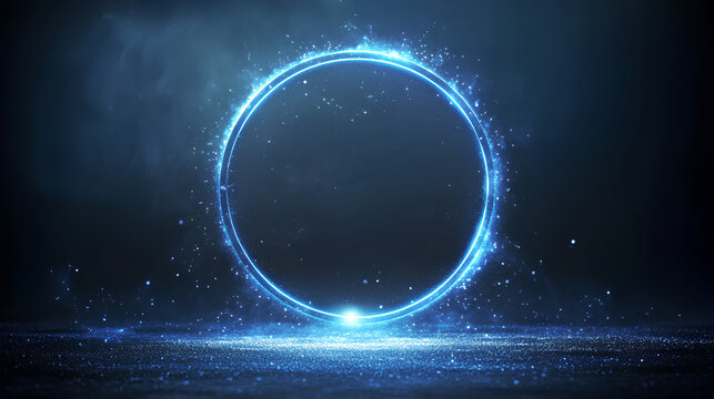 Blue magical fantasy portal. Round light frame, with fine dust particles, futuristic teleporter. Blue neon lights illuminate night scene with sparkles. Lighting effect - Powered by Adobe