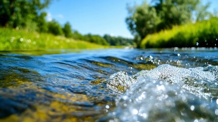 Fototapeta premium Crystal Clear River Water Flowing Through Lush Green Landscape on a Sunny Day